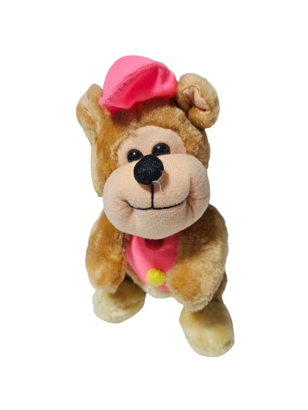 Vintage Teddy Bear 9 inch Plush Pink Hat Shirt Yellow Pom Pom Stuffed Animal Toy